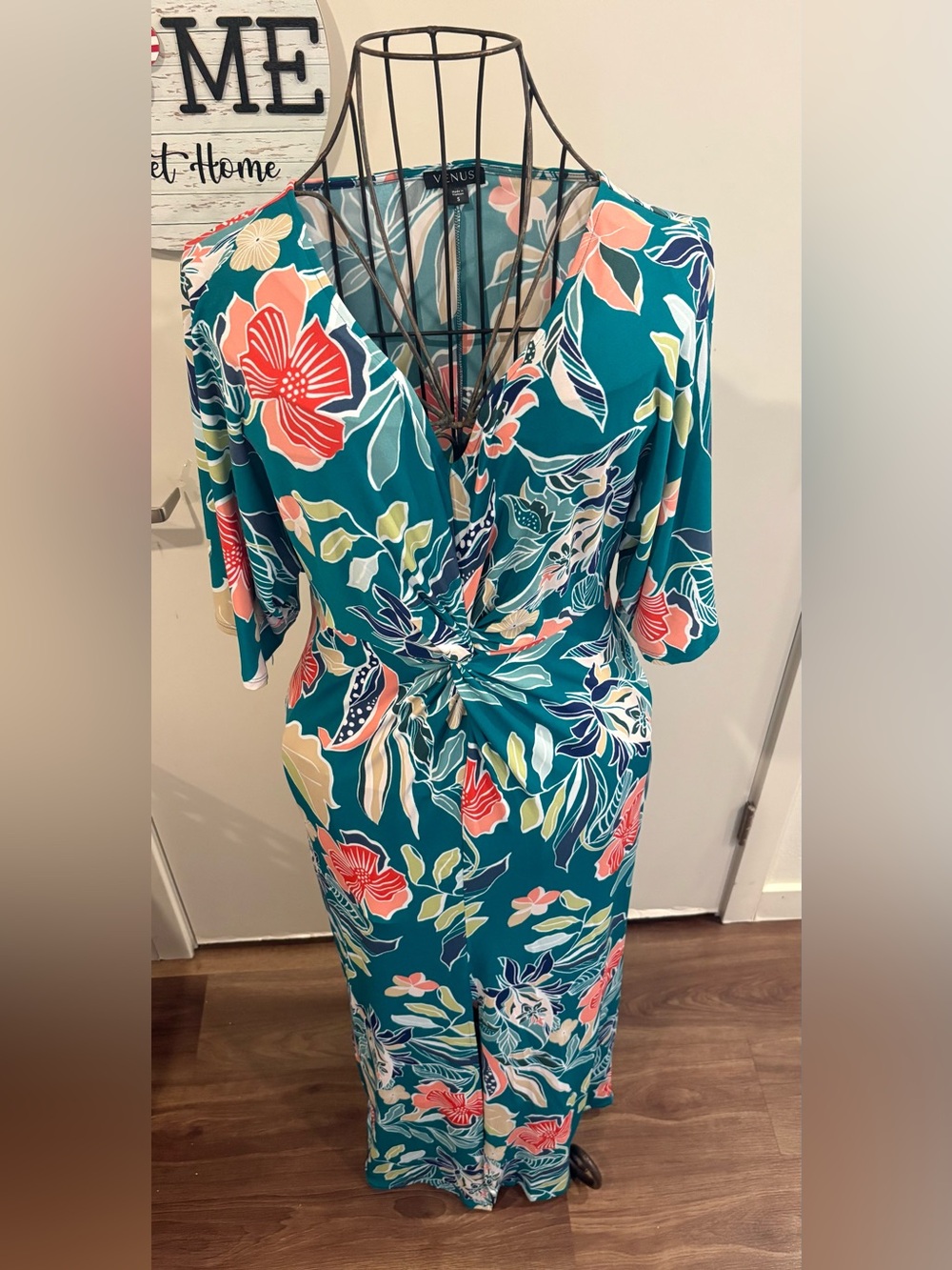 VENUS Teal Floral Knot-Waist Maxi Dress with Coral & Cream Blooms - Picture 2 of 10